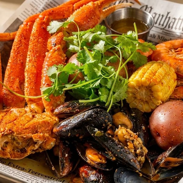 A seafood boil with crab legs, shrimp, mussels, corn, and potatoes on newspaper.