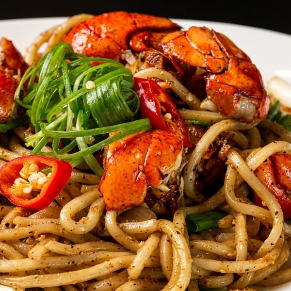 Lobster tails and thick noodles with green onions and red chili peppers on a white plate.