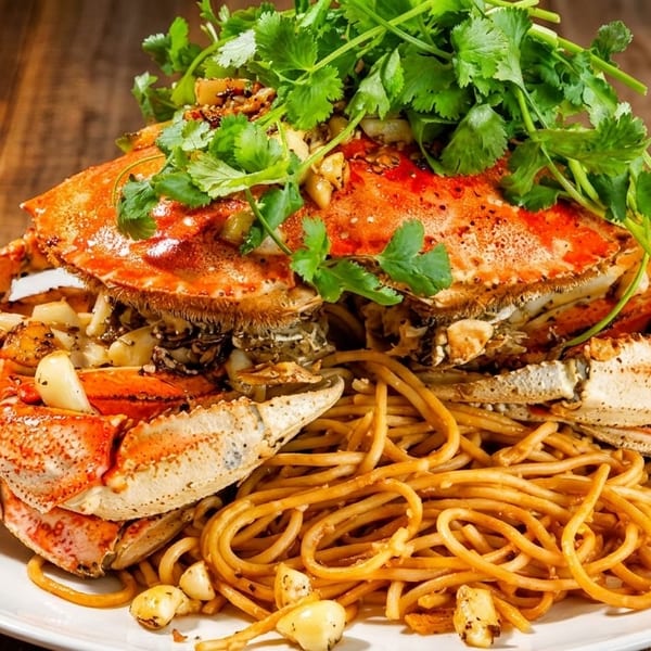 Whole cooked crab with garlic and cilantro, served over a bed of spaghetti on a white plate.