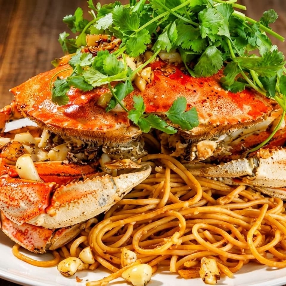 Whole cooked crab with garlic and cilantro, served over a bed of spaghetti on a white plate.